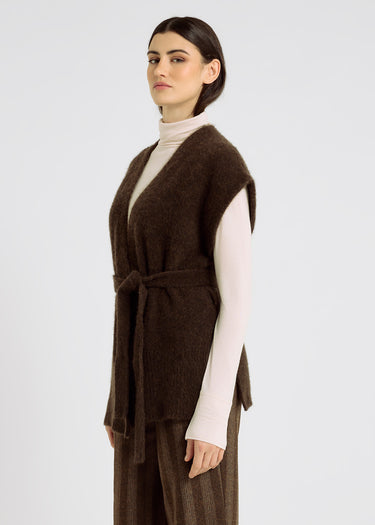 Gilet femme marron oversize baby alpaga – détail ceinture côtes, emmanchure basse, Honoré choco
