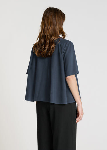 Chemise rayée bleu marine femme en voile de coton léger, col chemise structuré, emmanchure marteau – Hortensia