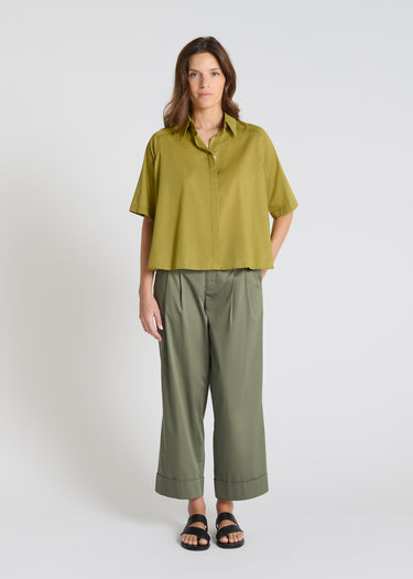 Chemise rayée femme Hortensia vert olive voile coton manche courte volume ample col uni
