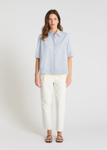 Chemise popeline coton bleu ciel femme, col boutonné nacre, manches courtes - Isabella
