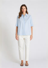 Chemise popeline coton bleu ciel femme, col boutonné nacre, manches courtes - Isabella