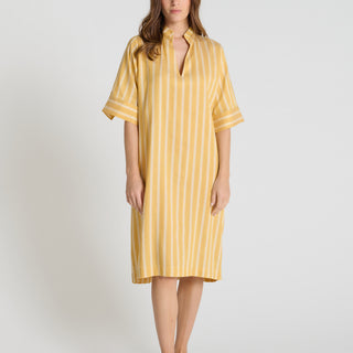 Robe rayée femme Ivy jaune Tencel col V manches courtes fendues volume droit aérien

