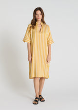 Robe rayée femme Ivy jaune Tencel col V manches courtes fendues volume droit aérien
