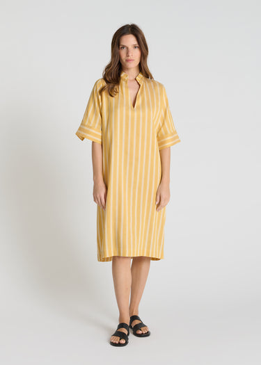 Robe rayée femme Ivy jaune Tencel col V manches courtes fendues volume droit aérien
