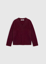 Pull Jacques rouge brun – baby alpaga, col V, emmanchure basse, finitions bord-côtes
