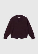 Pull John lie de vin – mérinos 100%, col V bord-côte, manches chauve-souris, fente oblique dos
