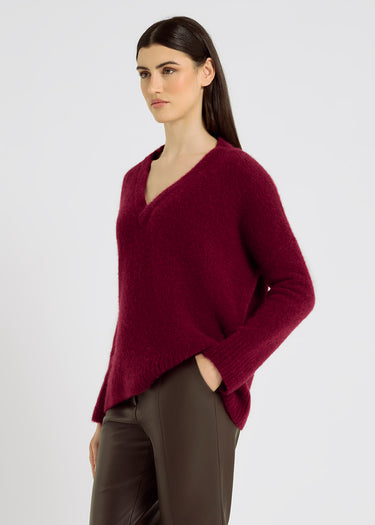 Pull femme rouge oversize baby alpaga – coupe droite, dos plus long, tenue chic, Jacques rouge brun

