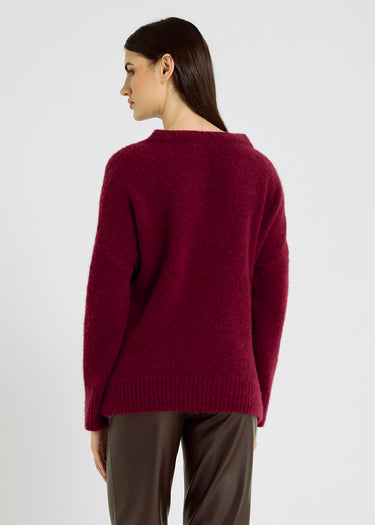 Pull rouge brun chic femme col V alpaga – coupe droite ample, pull oversize femme, Jacques
