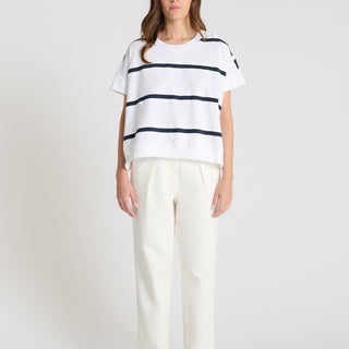 Pull rayé femme Jadish R blanc coton marinière encolure ronde patte boutonnage épaule volume boule
