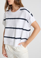 Détail sweat Jadish R blanc rayé coton patte boutonnage épaule boutons recouverts manches courtes
