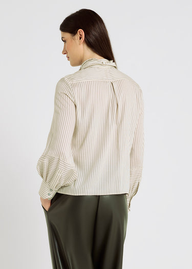 Chemisier blanc femme à rayures ivoire – Tencel doux, manches froncées, chemise à rayures femme, Jane

