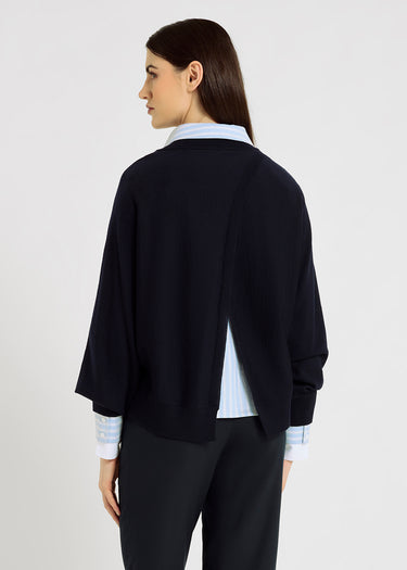 Pull bleu nuit chic femme col V – manches chauve-souris, fente dos graphique, pull oversize femme, John
