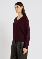 Pull femme bordeaux oversize mérinos – volume loose, col V, pull merinos femme, John lie de vin
