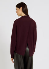 Pull bordeaux chic femme col V – manches chauve-souris, fente dos graphique, pull oversize femme, John

