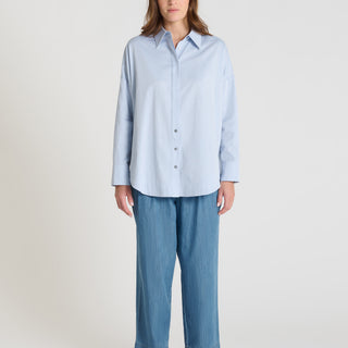 Chemise oversize coton chevron bleu ciel femme, col boutonné nacre, manches longues - Karla
