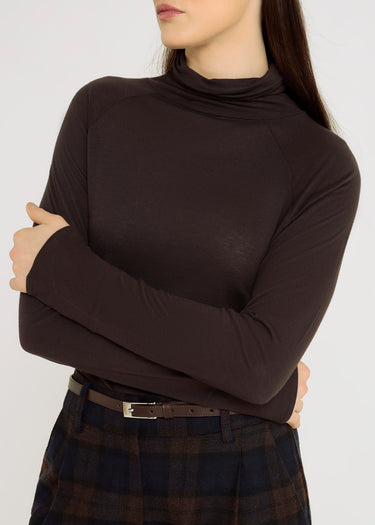 T-shirt femme marron classe col roulé – jersey lyocell, emmanchure raglan, tenue chic pour femme, Kenneth
