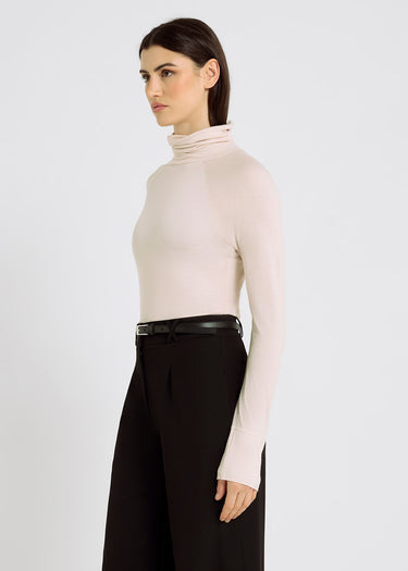 T-shirt beige femme col roulé lyocell – ligne droite, base arrondie, débardeur blanc femme, Kenneth
