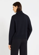 Pull bleu nuit chic femme mérinos – bord-côte manches, nervure devant, pull en merinos femme, Kuzley
