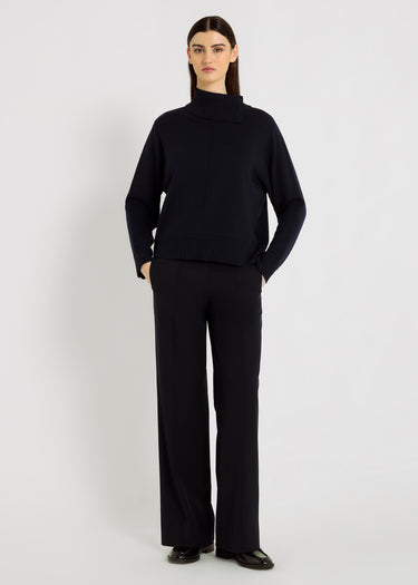 Pull bleu marine femme mérinos col roulé fendu bord-côte – Pull Kuzley bleu nuit
