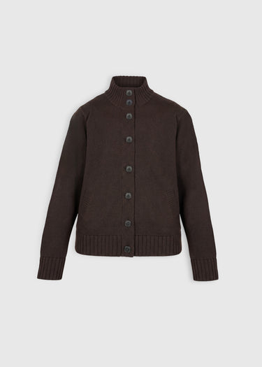 Gilet Leon choco – mérinos 100%, col officier bord-côte, boutons corozo, poches devant, emmanchure basse
