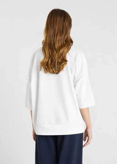 Sweat blanc femme molleton, col V bord-côte, volume oversize moderne - Vue de face Lupin
