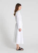 Détail jupe Lavande blanc optique molleton taille élastiquée liens gros grain ajustables
