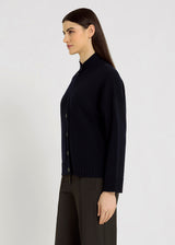 Gilet femme bleu marine mérinos volume boîte – emmanchure basse, veste sans manche, pull merinos femme, Leon
