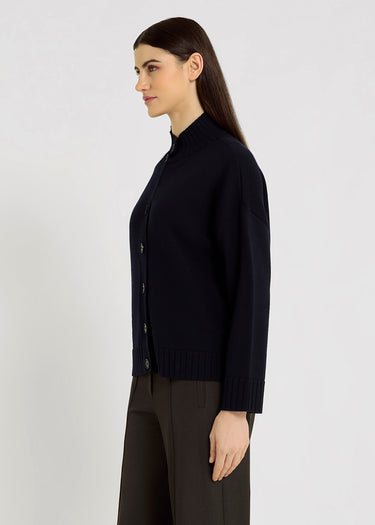 Gilet femme bleu marine mérinos volume boîte – emmanchure basse, veste sans manche, pull merinos femme, Leon
