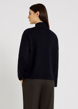 Gilet bleu nuit chic femme mérinos – col officier bord-côte, poches, tenue décontractée chic, Leon
