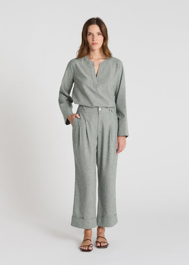 Pantalon rayé femme Lilian beige kaki lin jambe large droite plis devant revers bas
