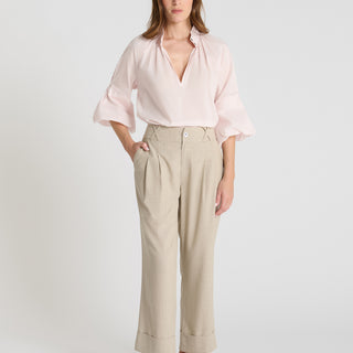 Pantalon rayé femme Lilian beige sable lin jambe large droite plis devant revers bas
