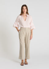 Pantalon rayé femme Lilian beige sable lin jambe large droite plis devant revers bas
