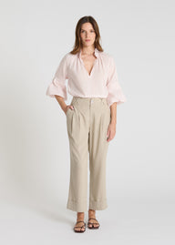 Pantalon rayé femme Lilian beige sable lin jambe large droite plis devant revers bas
