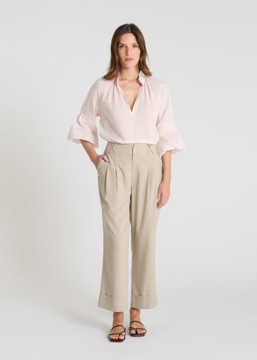 Pantalon rayé femme Lilian beige sable lin jambe large droite plis devant revers bas
