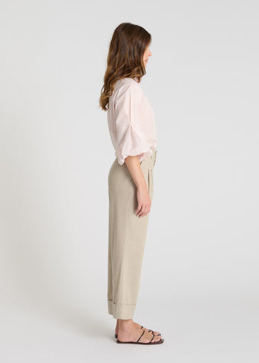 Pantalon Lilian beige sable porté pantalon rayé femme lin tailleur jambe large structurée
