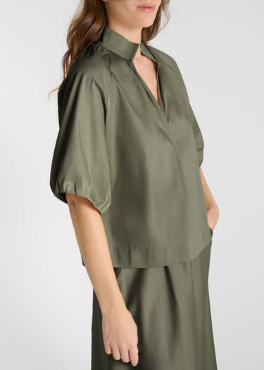 Top femme vert kaki emmanchures raglan manches ballon blouse coton chic tendance
