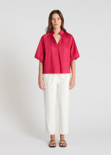 Blouse rose indien satin de coton, manches ballon, col haut encolure V, top femme chic élégant
