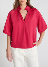 Blouse femme élégante rose indien, satin de coton, manches ballon, top chic pour soirée ou quotidien
