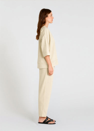 Sweat col V femme molleton beige sable oversize – veste sans manche pull femme chic décontracté
