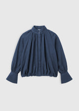 Chemise Madeleine bleu indigo – viscose, volume boule, col officier, fronces, poignets évasés boutons
