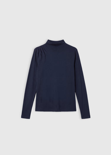 T-shirt Marc bleu nuit – jersey lyocell laine, col cheminée, plis épaule droite, ligne droite

