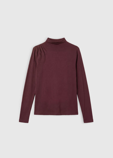 T-shirt Marc lie de vin – jersey lyocell laine, col cheminée, plis épaule droite, ligne droite
