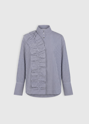 Chemise Margaret bleu indigo – coton rayé, col officier, volant devant, boutons nacre, base arrondie
