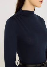 T-shirt femme classe bleu marine col montant – jersey lyocell, plis épaule, tenue décontractée chic, Marc

