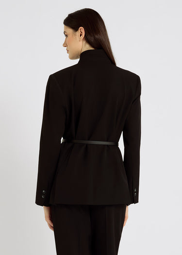 Blazer noir femme croisé asymétrique – boutons corozo, poches passepoilées, tenue élégante, Mary
