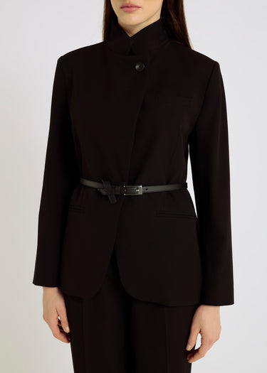 Veste noire femme classe tailleur – col officier, croisé asymétrique, pantalon tailleur femme, Mary

