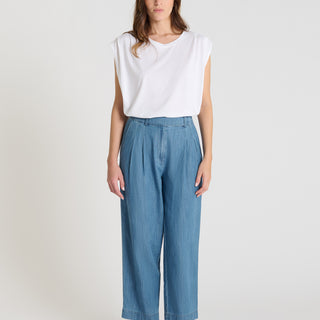 Pantalon jean femme bleu indigo coupe carotte fluide taille élastiquée Muguet
