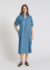 Robe jean femme Myrte bleu indigo droite fluide manches ballon col montant ceinture amovible
