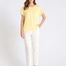 Blouse manche courte femme jersey coton jaune pastel encolure ronde découpes fluide Narcosn
