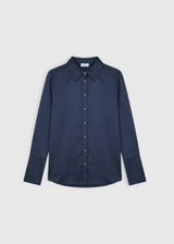 Chemisier femme chic bleu marine satin de soie – Nisha, base arrondie et ligne épurée
